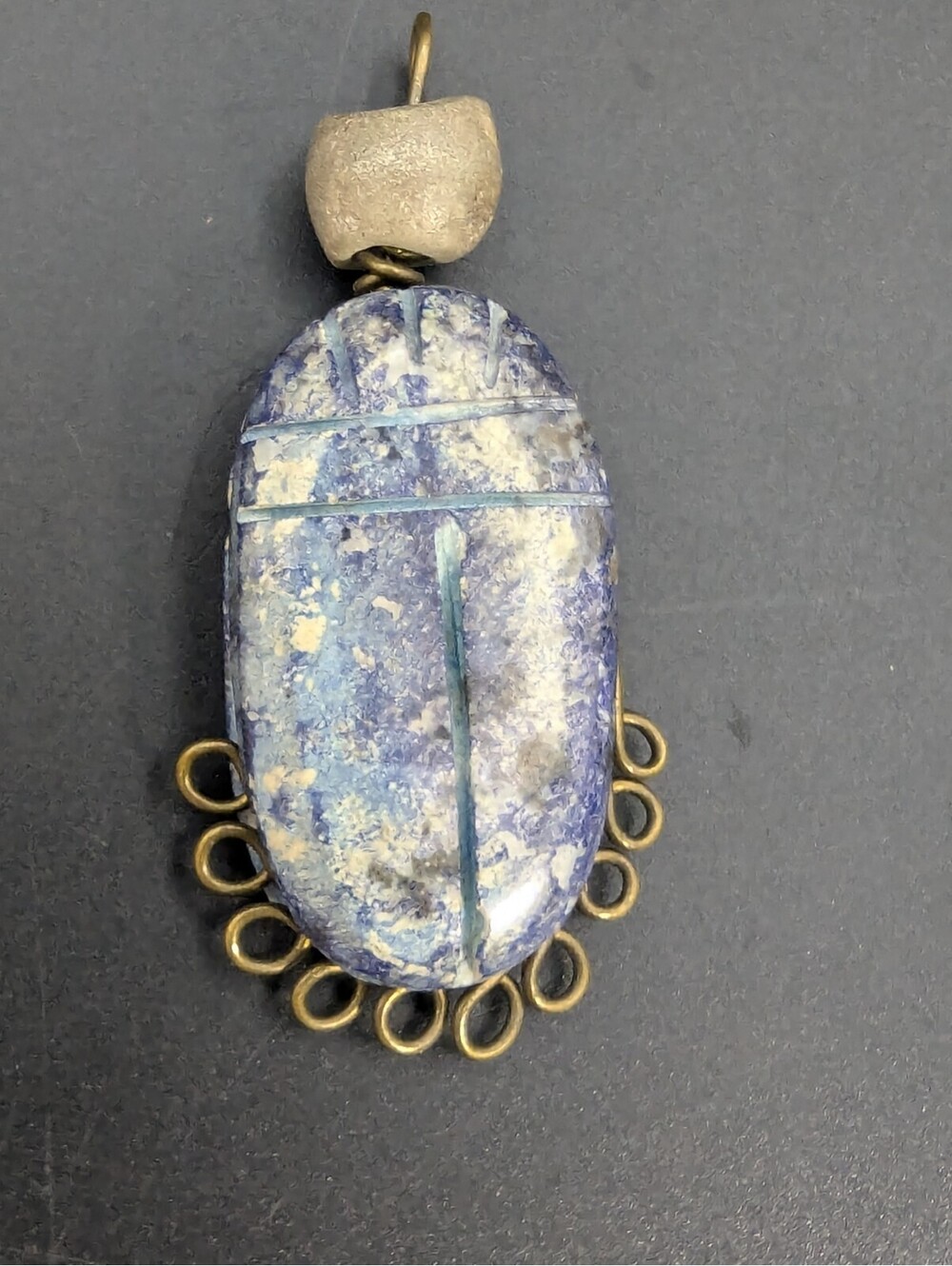 Vintage Carved Lapis Lazuli Egyptian Revival Scarab Beetle Wire Wrapped Pendant